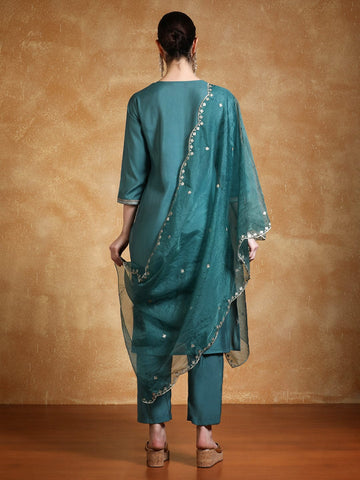Varanga Women Thread & Sequin Embroidered Yoke Kurta With Trouser & Dupatta