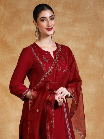 Varanga Women Thread & Sequin Embroidered Yoke Kurta With Trouser & Dupatta