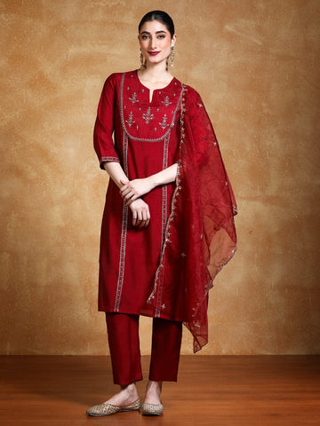 Varanga Women Thread & Sequin Embroidered Yoke Kurta With Trouser & Dupatta