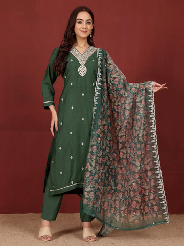 Varanga Women Zari & Sequin Embroidered V Neck Kurta With Trouser & Floral Printed Dupatta