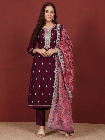 Varanga Women Zari & Sequin Embroidered Kurta With Trouser & Floral Printed Dupatta