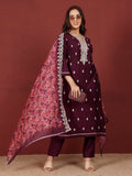 Varanga Women Zari & Sequin Embroidered Kurta With Trouser & Floral Printed Dupatta