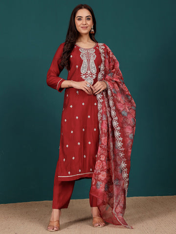 Varanga Women Zari & Sequin Embroidered Round Neck Kurta With Trouser & Floral Printed Dupatta