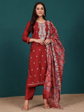 Varanga Women Zari & Sequin Embroidered Round Neck Kurta With Trouser & Floral Printed Dupatta