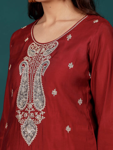 Varanga Women Zari & Sequin Embroidered Round Neck Kurta With Trouser & Floral Printed Dupatta