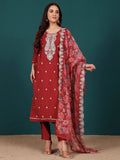 Varanga Women Zari & Sequin Embroidered Round Neck Kurta With Trouser & Floral Printed Dupatta