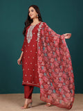 Varanga Women Zari & Sequin Embroidered Round Neck Kurta With Trouser & Floral Printed Dupatta