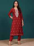 Varanga Women Zari & Sequin Embroidered Round Neck Kurta With Trouser & Floral Printed Dupatta