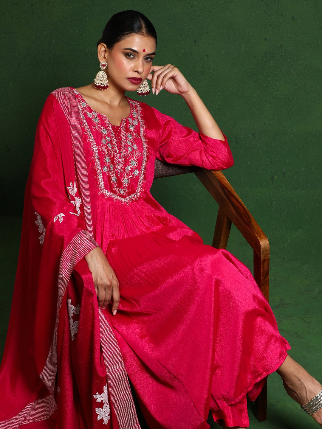 Varanga Women Thread & Sequin Embroidere Yoke Gathered Kurta With Trouser & Dupatta