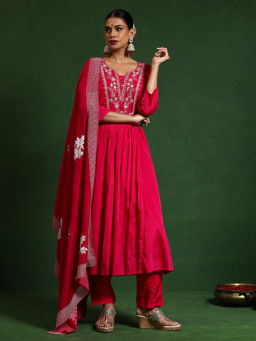 Varanga Women Thread & Sequin Embroidere Yoke Gathered Kurta With Trouser & Dupatta