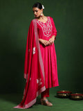 Varanga Women Thread & Sequin Embroidere Yoke Gathered Kurta With Trouser & Dupatta