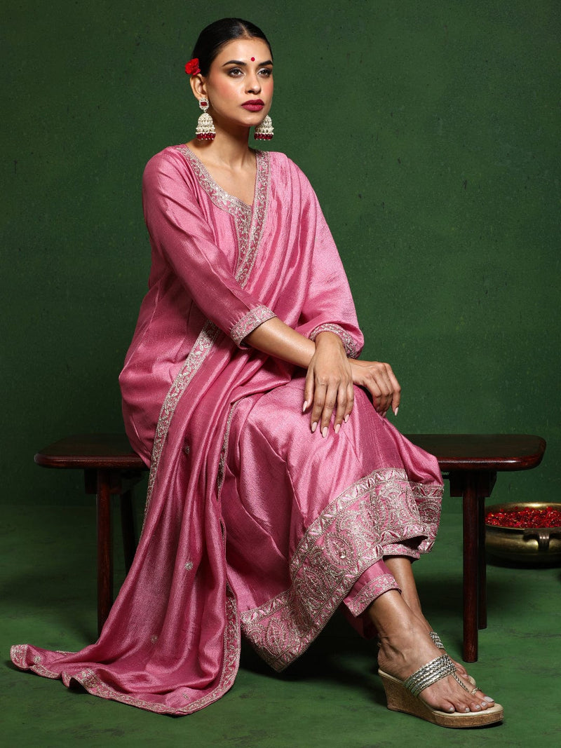 Varanga Women Zari Embroidered Anarkali Kurta With Trouser & Dupatta