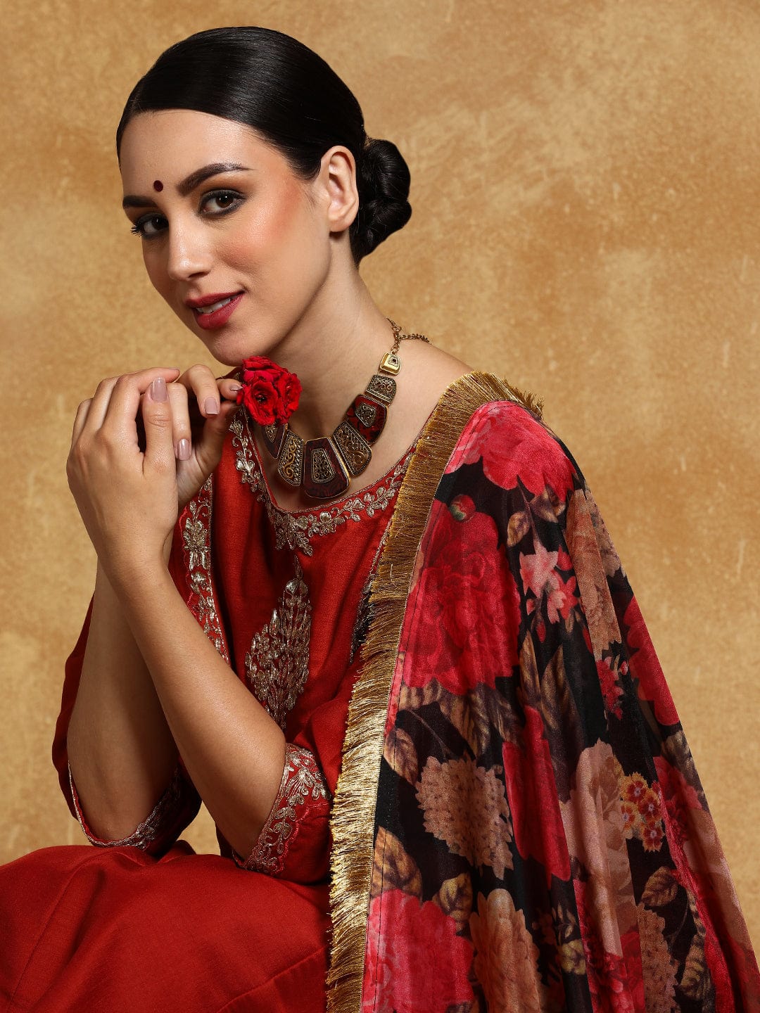 Varanga Women-Zari Embroidered Yoke Anarkali Kurta With Trouser & Dupatta