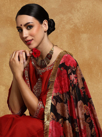 Varanga Women-Zari Embroidered Yoke Anarkali Kurta With Trouser & Dupatta