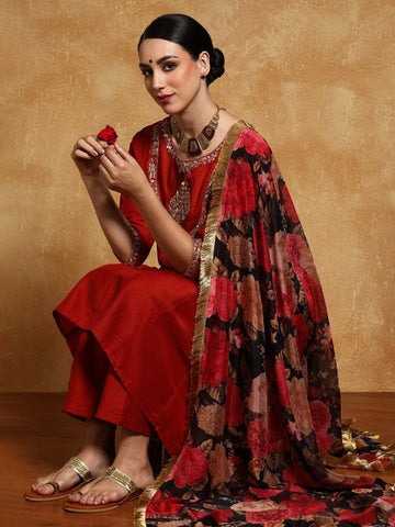 Varanga Women-Zari Embroidered Yoke Anarkali Kurta With Trouser & Dupatta