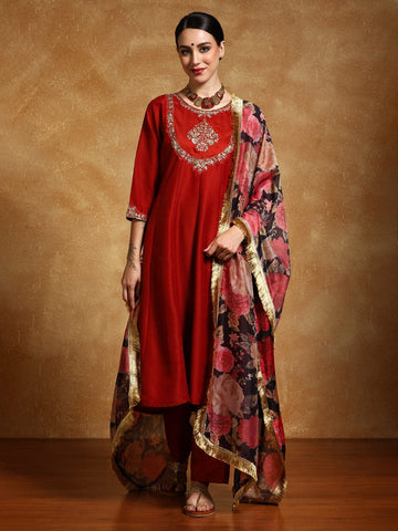 Varanga Women-Zari Embroidered Yoke Anarkali Kurta With Trouser & Dupatta
