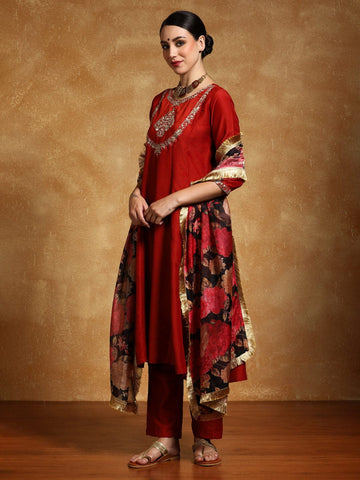 Varanga Women-Zari Embroidered Yoke Anarkali Kurta With Trouser & Dupatta