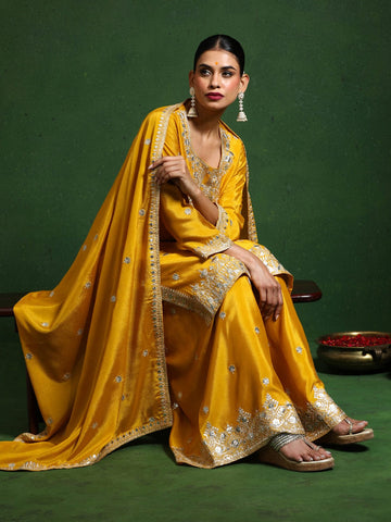 Varanga Women Zari Embroidered Yoke With Border Kurta With Sharara And Dupatta