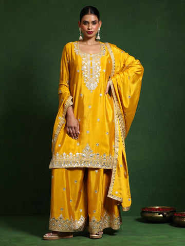Varanga Women Zari Embroidered Yoke With Border Kurta With Sharara And Dupatta