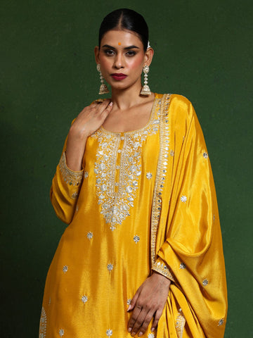 Varanga Women Zari Embroidered Yoke With Border Kurta With Sharara And Dupatta