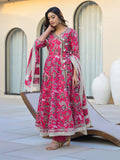 Varanga Women Ethnic Jaipuri Floral Printed Angrakha Anarkali Kurta With Trouser & Dupatta