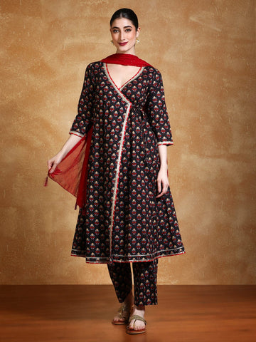 Varanga Women Floral Printed Angrakha Kurta with Trousers & with Dupatta