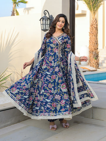 Varanga Women Ethnic Jaipuri Floral Printed Angrakha Anarkali Kurta With Trouser & Dupatta