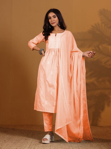 Varanga Women Round Neck Chikankari Embroidered Three Quarter Sleeve Kurta With Trouser & Dupatta