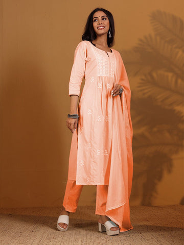 Varanga Women Round Neck Chikankari Embroidered Three Quarter Sleeve Kurta With Trouser & Dupatta