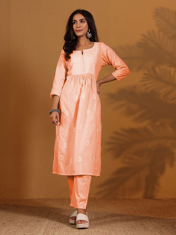 Varanga Women Round Neck Chikankari Embroidered Three Quarter Sleeve Kurta With Trouser & Dupatta