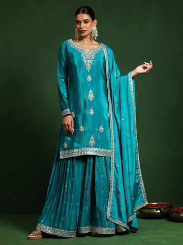 Varanga Women Zari Embroidered Yoke With Border Kurta With Sharara And Dupatta