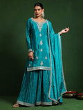 Varanga Women Zari Embroidered Yoke With Border Kurta With Sharara And Dupatta