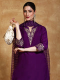 Zari Embroidered Neck Kurta With Trouser And Dupatta