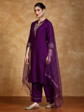 Zari Embroidered Neck Kurta With Trouser And Dupatta