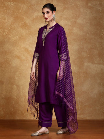 Zari Embroidered Neck Kurta With Trouser And Dupatta