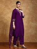 Zari Embroidered Neck Kurta With Trouser And Dupatta