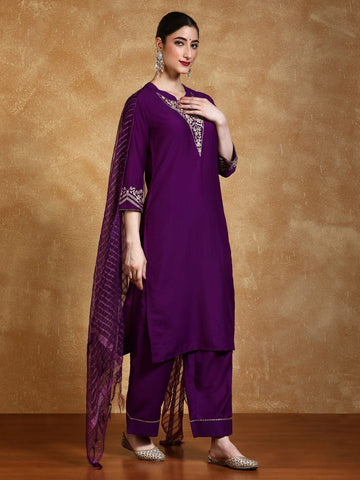 Zari Embroidered Neck Kurta With Trouser And Dupatta