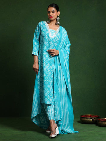 Varanga Women Floral Printed V Neck Kurta with Trouser & Dupatta