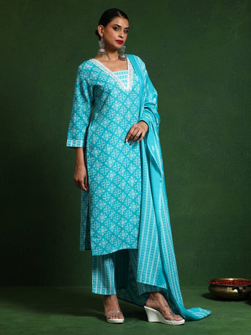 Varanga Women Floral Printed V Neck Kurta with Trouser & Dupatta