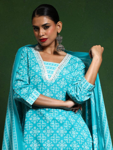 Varanga Women Floral Printed V Neck Kurta with Trouser & Dupatta