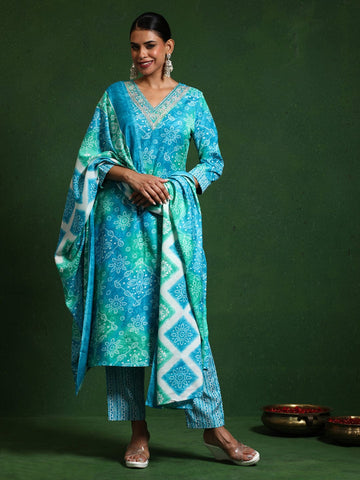 Varanga Women Floral Printed V Neck Kurta with Trouser & Dupatta
