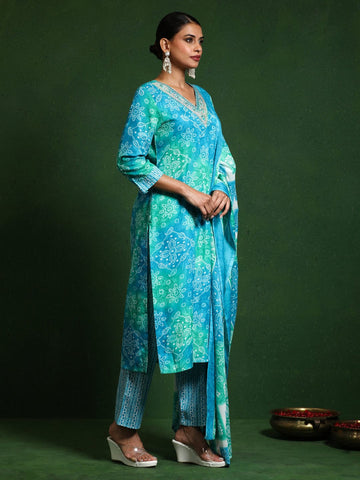 Varanga Women Floral Printed V Neck Kurta with Trouser & Dupatta