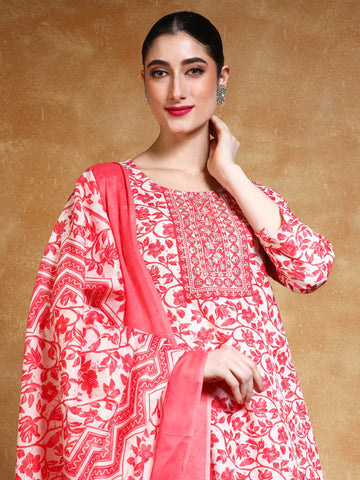Varanga Women Floral Yoke Design Regular Thread Work Kurta with Trousers & with Dupatta