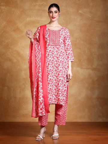 Varanga Women Floral Yoke Design Regular Thread Work Kurta with Trousers & with Dupatta