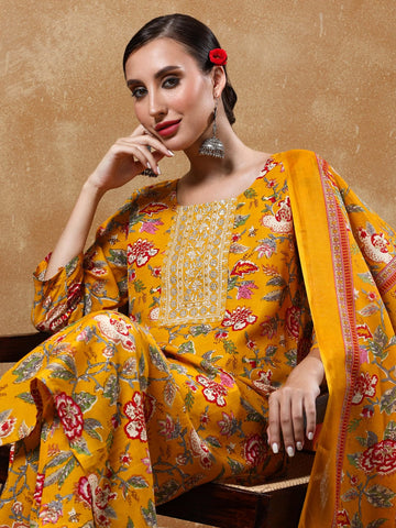 Varanga Women Floral Yoke Design Straight Kurta with Trousers & Dupatta