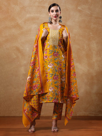 Varanga Women Floral Yoke Design Straight Kurta with Trousers & Dupatta