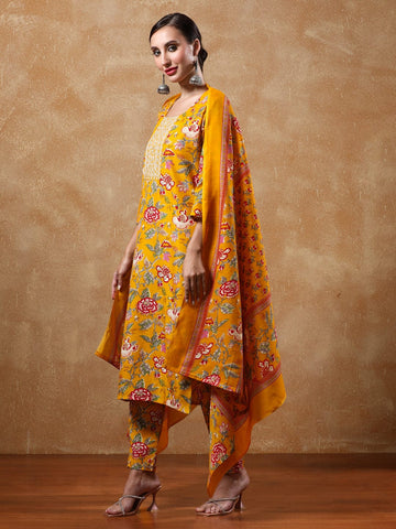 Varanga Women Floral Yoke Design Straight Kurta with Trousers & Dupatta