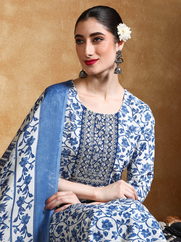 Varanga Women Floral Yoke Design Regular Thread Work Kurta with Trousers & with Dupatta