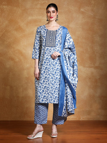 Varanga Women Floral Yoke Design Regular Thread Work Kurta with Trousers & with Dupatta