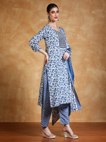 Varanga Women Floral Yoke Design Regular Thread Work Kurta with Trousers & with Dupatta
